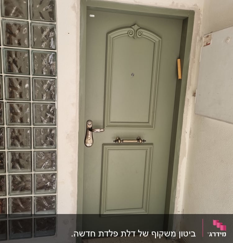 דלת ירוקה עם ידית מתכת, קיר בלוקים מזכוכית